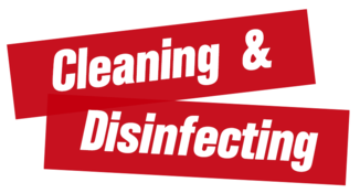 A red and white sign with the words cleaning and disinfecting.