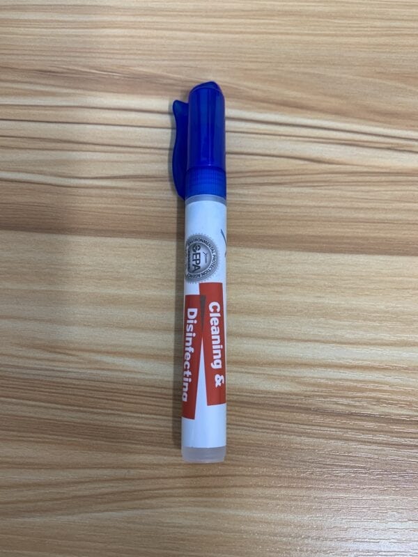 A blue and white Antibacterial Hand Sanitizer on a wooden table.